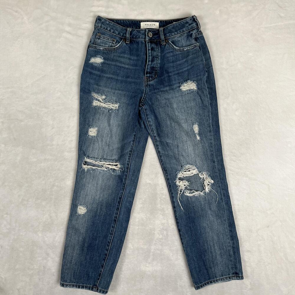 PacSun Mom Jeans Juniors 24 Blue Medium Wash High Rise Relaxed Distressed Denim